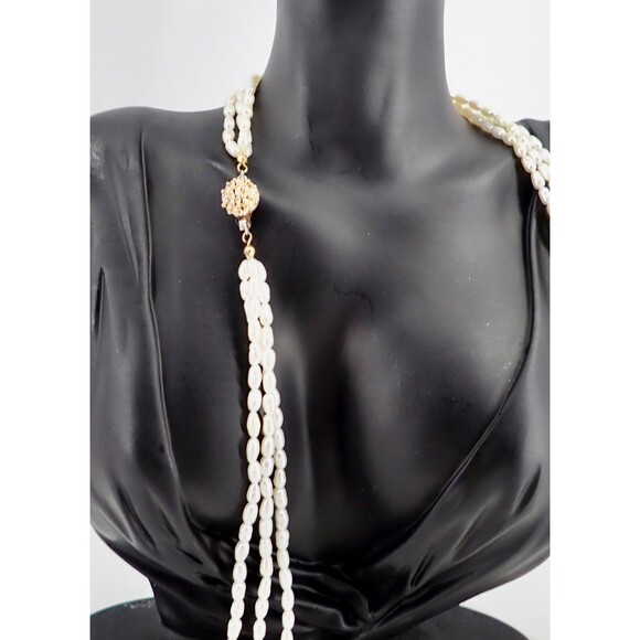 Genuine Fresh Water Rice White Pearls 3 Strand Necklace Box Clasp Vintage 24" - Picture 2 of 15